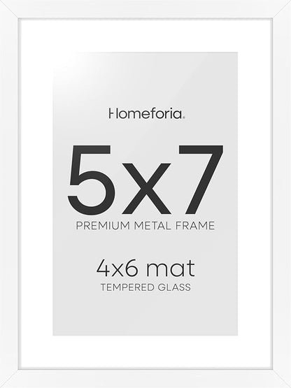 Homeforia 5x7 Picture Frame White, High End Metal 5 x 7 White Frames with Mat 4 x 6 for Art, 5x7 Desk Frame Matted to 4x6 inch Photo, 5 by 7 Wall or Tabletop Frames, Tempered Glass, Wall Kit, Set of 1