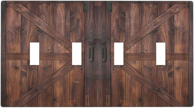 Decorative Light Switch Cover Plate Vintage Brown Farmhouse Barn Door 4 Gang Wall Plates for Electrical Outlets Quad Toggle Switch Plate Covers Outlet Covers Faceplate for Bedroom Home Decor