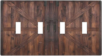 Decorative Light Switch Cover Plate Vintage Brown Farmhouse Barn Door 4 Gang Wall Plates for Electrical Outlets Quad Toggle Switch Plate Covers Outlet Covers Faceplate for Bedroom Home Decor