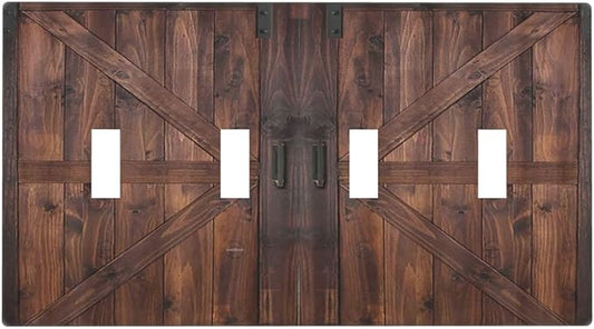 Decorative Light Switch Cover Plate Vintage Brown Farmhouse Barn Door 4 Gang Wall Plates for Electrical Outlets Quad Toggle Switch Plate Covers Outlet Covers Faceplate for Bedroom Home Decor