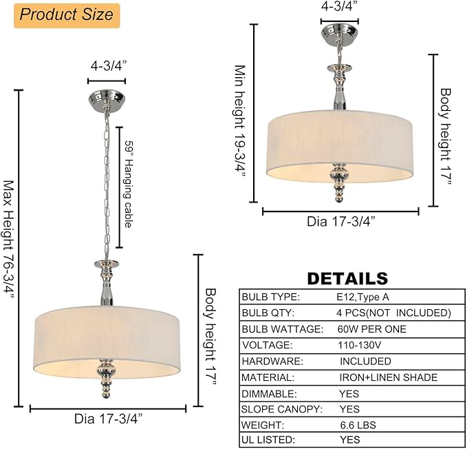 4-Light Drum Chandeliers, Drum Pendant Light Fixture Beige Linen Fabric Shade, Kitchen Chandeliers Over Table,Adjustable Hanging Light Fixture for Dining Room,Brushed Nickel