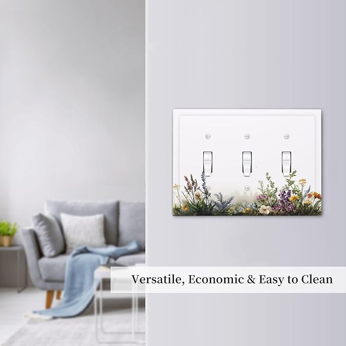Decorative Light Switch Cover Plate White Background Colorful Flowers Plants Green Leaves 3 Gang Wall Plate Triple Toggle Switch Plate Covers Electrical Outlet Cover for Bedroom Home Decor