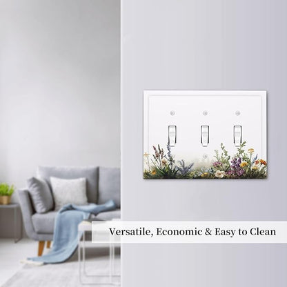 Decorative Light Switch Cover Plate White Background Colorful Flowers Plants Green Leaves 3 Gang Wall Plate Triple Toggle Switch Plate Covers Electrical Outlet Cover for Bedroom Home Decor
