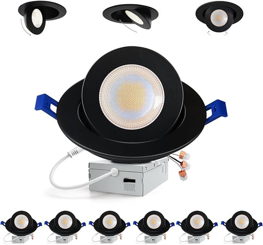 Adetu Led Recessed Lighting 6 inch, 360°+90° Adjustable Directional Gimbal 6 inch Led Recessed Light, 2700K-5000K 5CCT Dimmable Retrofit Eyeball Can Recessed Lights with Jbox, ET (Black,6 Pack)