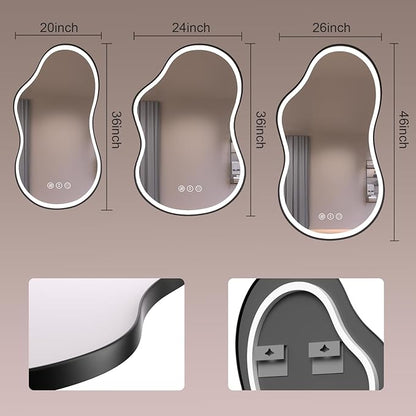 WTTY LED Irregular Bathroom Mirror 24x36 Inch with Front & Back Lights - Asymmetrical Design, Anti-Fog, Dimmable 3 Color Temperatures, Shatterproof Glass, Horizontal or Vertical Mount (Black Frame)