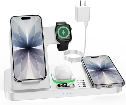 Dual Phone Wireless Charging Station for Apple Devices, Magnetic Charging Station for iPhone with Auto Switch 7-Color Light&Clock, Family Watch Charger for iPhone17 for iWatch11 for AirPods Pro3(Cream