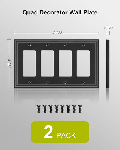 2-Pack Quad Decorator Outlet Cover Plate, Black Decorative Switch Plates and Outlet Covers, Natural Bamboo Fiber Wall Plates for Electrical Outlets, Receptacle, GFCI Outlet, Dimmer Switch