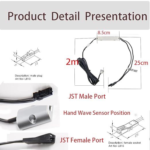 VST Motion Sensor Light Switch, IR Handwave Activated Light Switch for Closet Light LED Lights and Under Cabinet Lighting with 12V JST Male and Female Connector (DC 12/24V 3A)