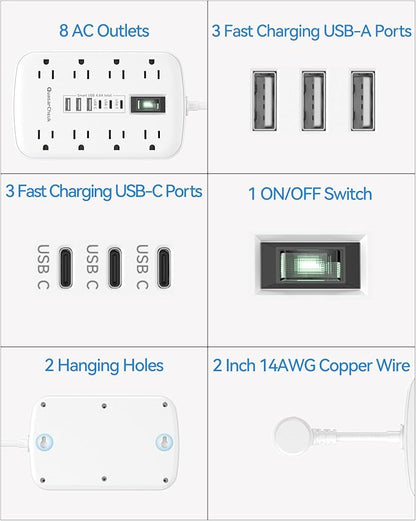 Short Extension Cord 2 inch - Small Power Strip Flat Outlet Extender Surge Protector with 8 AC Outlets 6 USB (5V/4.8A 24W), Mini Extension Cord Flat Wall Plug for Home Office Dorm Kitchen Bathroom