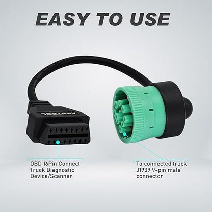 J1939 OBD2 Adapter Cable Fits Truck Diagnostic Scanner/Code Reader, 9 Pin to OBD2 16 Pin Connector, J1962-J1939 for Cummins Diesel Engine, Fit for Truck ELD and GPS Tracker