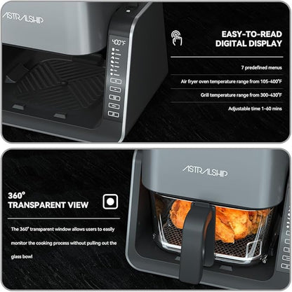 Astralship 2-in-1 Glass Air Fryer & Grill Combo, 4.2 QT + 1.3 QT Capacity, 7 Digital Presets, Small, Non-Toxic See-Through Glass Bowl, Low-Oil Healthy Cooking, Easy to Clean, Multi-Function Design