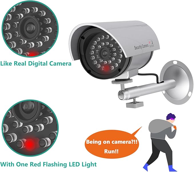 WALI Dummy Fake Camera, Surveillance Security CCTV Dome Camera, Indoor Outdoor Cameras, with One LED Light, Security Alert Sticker Decals (TC-S2), 2 Packs, Silver