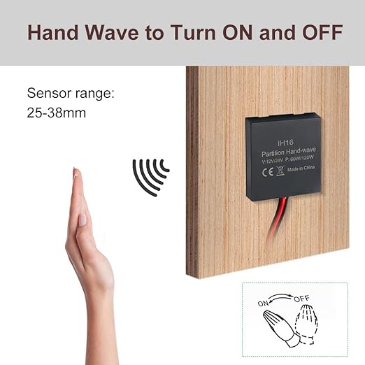 VST Sensor Switch, Hidden Hand Wave Activated Led Light Switch for Closet Lights, Under Cabinet Lighting, with 12V JST Male and Female Connectors（DC 12/24V 3A