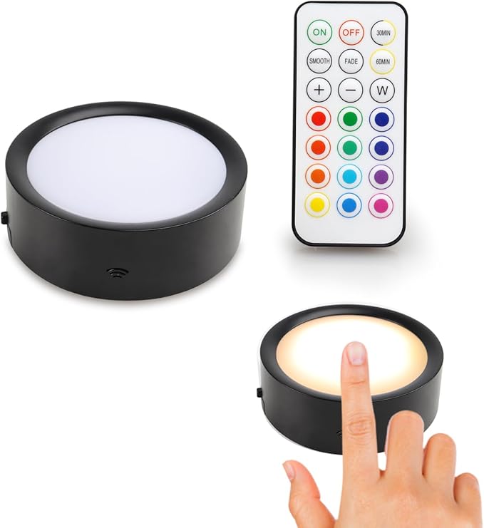 DAMI Under Cabinet Lighting with Remote Control, Rechargeable Battery Operated Wireless Shelf Light, Stick on Tap, Color Changing Magnetic Puck Lights for Kitchen, 2 Pack, Black