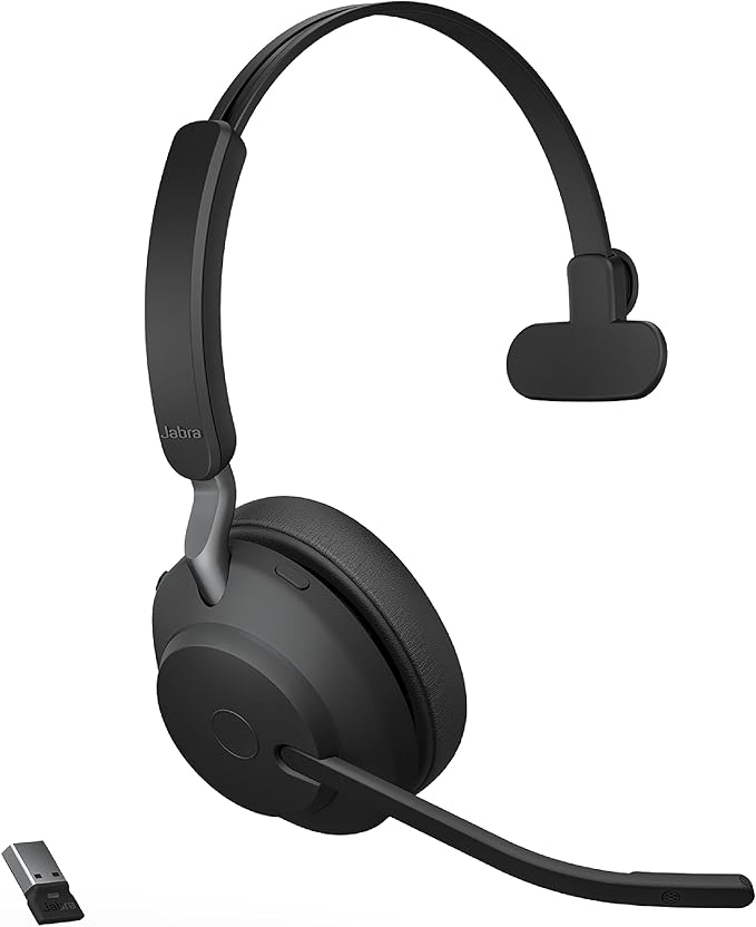Jabra Evolve2 65 UC Wireless Headset with Link380a, Mono, Black – Wireless Bluetooth Headset for Calls and Music, 37 Hours of Battery Life, Passive Noise Cancelling Headphones