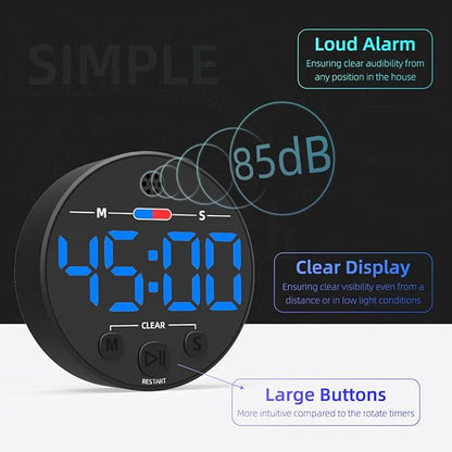 Visual Digital Timer for Kitchen, Classroom, Kids, Productivity, Magnetic Countdown Timer for Egg Cooking, Toddler, Focus, Work, Task, Small Desk with Large LED Display, Super Loud Alarm - Blue