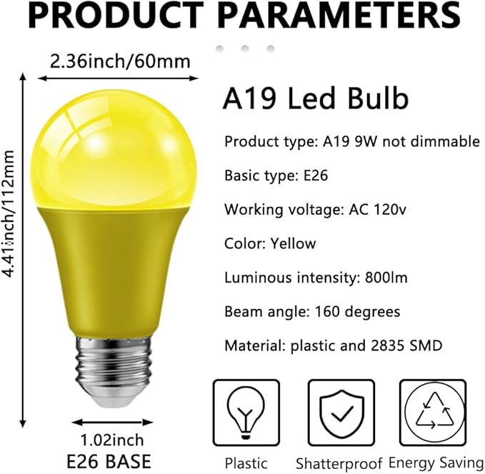 haraqi 6 Pack 9W (60W Equivalent) 120V E26 Base A19 LED Colored Light Bulb, Yellow LED Lights for Party Christmas Decor and Halloween Lighting