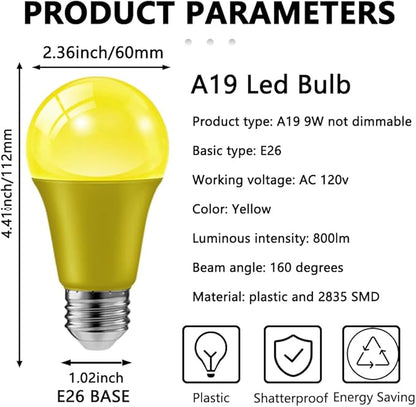 haraqi 6 Pack 9W (60W Equivalent) 120V E26 Base A19 LED Colored Light Bulb, Yellow LED Lights for Party Christmas Decor and Halloween Lighting