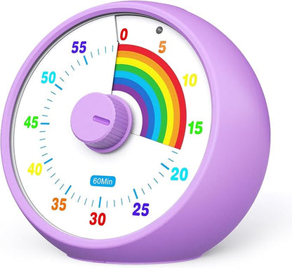 Visual Timer for Kids, 60-Minute Countdown for Classroom Office Kitchen, Desk Timer Kids Time Management Tools with Silent Operation, Pomodoro Timer Rainbow Pattern Purple