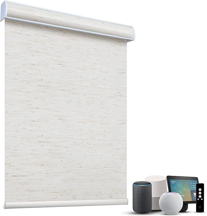 SmartWings Motorized Light Filtering Shades, 70% Blackout, Custom Size, Rechargeable Battery, Works with Matter/Apple HomeKit, Alexa, Thread/Zigbee, Remote Optional, 70% Linen White