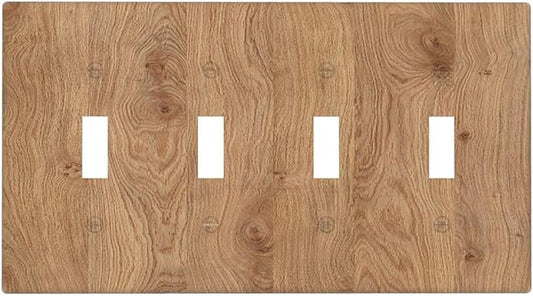 Light Switch Covers Vintage Rustic Wood Color Brown Wood Grain Quad Toggle 4 Gang Wall Plate Electrical Faceplate Decorative Switch Plates for Farmhouse Cabin Decor