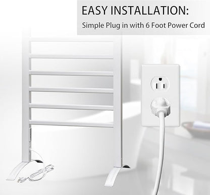 KEG Towel Warmer 8 Bars for Bathroom Freestanding or Wall Mounted Bath Towel Heater Plug-in with Built-in Timer Silver