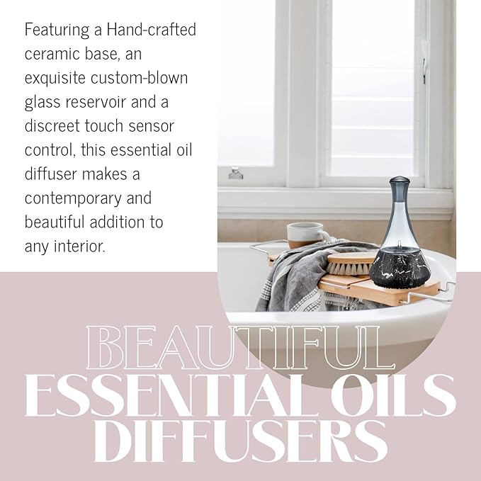 Opulence - Nebulizing Diffuser for Essential Oil/Aromatherapy with Black Marble Ceramic Base and Black Hand-Blown Glass with Touch Sensor Light Switch - No Heat, No Water, No Plastic Product Name