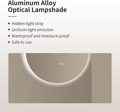 Round LED Bathroom Mirror with Light, Backlit Mirror for Bathroom, Frameless LED Smart Vanity Mirror with 3 Color Lights, Anti-Fog, Smart Touch Button, Shatter-Proof, IP65, 90+ CRI(28" L x 28" W)
