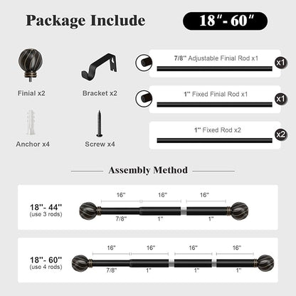 Oneach Black Curtain Rods for Windows 28 to 48 Inch, 7/8" Adjustable Heavy Duty Decorative Drapery Rods with Round Netted Texture Finials (Pack of 1, 18 to 60 Inch)