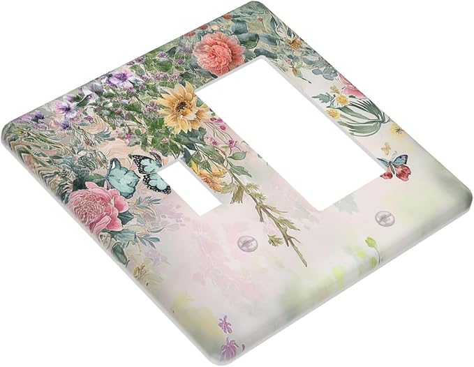 Rustic Floral Watercolor Flower Blossom Butterfly 2 Gang Combo 1 Toggle 1 Rcoker Light Switch Covers Decorative Switch Plates Electrical Switch Plates and Outlet Covers for Home Art Decor 4.5 X 4.5 IN