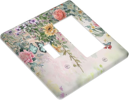 Rustic Floral Watercolor Flower Blossom Butterfly 2 Gang Combo 1 Toggle 1 Rcoker Light Switch Covers Decorative Switch Plates Electrical Switch Plates and Outlet Covers for Home Art Decor 4.5 X 4.5 IN