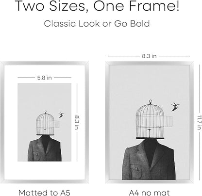 Homeforia A4 Picture Frame Silver, High End Metal 8.3 x 11.7 inch Silver Poster Frames with Mat 5.8 by 8.3 Art, A4 Frame Matted to A5 Photo, 8.3x11.7 Wall or Tabletop Frames, Tempered Glass, Set of 2