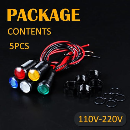 5pcs 10mm LED Indicator Light Plastic Black Signal Dot Lamp 110-220VAC 2/5" Mounting Hole Size with 15cm/5.9in. Wire (Mix:Red White Yellow Blue Green)