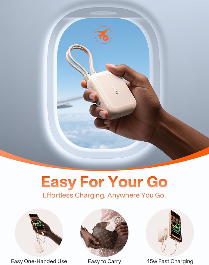 TORRAS EasyGo Portable Charger, 45W Fast Charging 10000mAh Power Bank [Travel & Daily Essentials] Built in Cable USB C, Phone Battery Pack Powerbank for iPhone Air/17/16/15 Series, Samsung, iPad etc