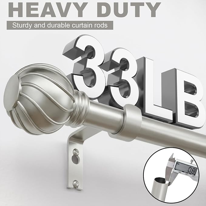 Silver Curtain Rods for Windows 66 to 120 Inch 7/8" Diamete Heavy Duty Adjustable Window Curtain Rod with Decorative Finials for Farmhouse Bedroom Living Room Kitchen Outdoor