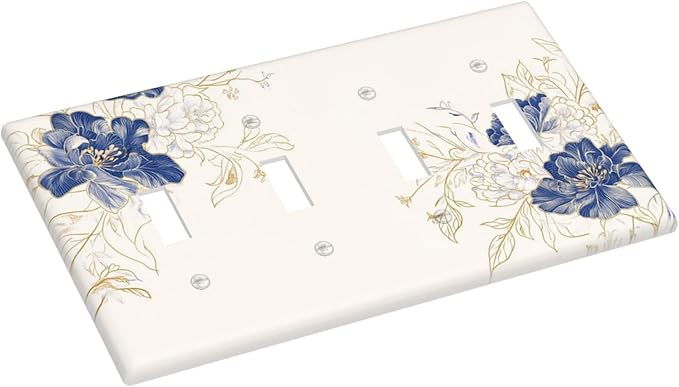 Decorative Light Switch Cover Plate Rustic Blue Flower Floral Gold Leaf 4 Gang Wall Plates for Electrical Outlets Quad Toggle Switch Plate Covers Outlet Covers Faceplate for Home Decor