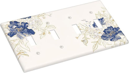 Decorative Light Switch Cover Plate Rustic Blue Flower Floral Gold Leaf 4 Gang Wall Plates for Electrical Outlets Quad Toggle Switch Plate Covers Outlet Covers Faceplate for Home Decor