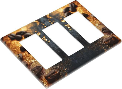 Decorative Outlet Covers Black Wood Board Gold Dust Coffee Beans 3 Gang Wall Plate Triple Rocker Light Switch Cover Plate Jumbo Electrical GFCI Face Plate for Caffee Room