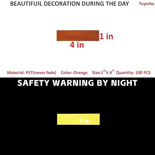 Non Fading Orange Reflective Stickers 1 inch X 4 inch, Outdoor Waterproof High Visibility Warning Safety Adhesive Reflector Tape (100 Pcs)