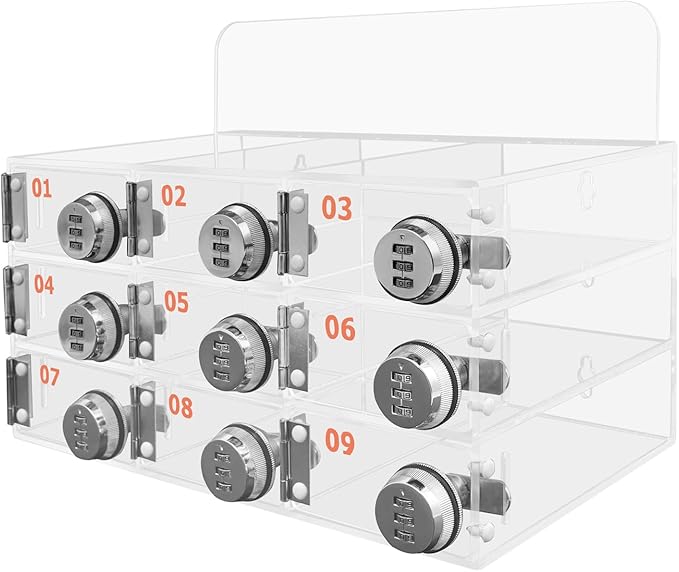 Cell Phone Locker Box 9 Slots Cell Phone Organizer Cabinet with Combination Locks Wall-Mounted Locking Cell Phone Storage Box for Classroom Office,Shool,Office (9 Slots, Wood+Acrylic)
