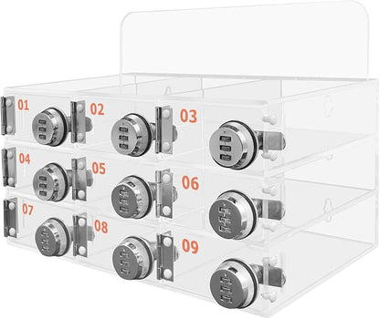 Cell Phone Locker Box 9 Slots Cell Phone Organizer Cabinet with Combination Locks Wall-Mounted Locking Cell Phone Storage Box for Classroom Office,Shool,Office (9 Slots, Wood+Acrylic)
