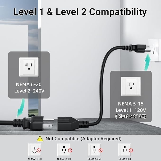 Level 1/2 EV Charger for Tesla,16A 120V/240V Home Charging Station, 25FT Cable with NEMA 6-20 Plug to NEMA 5-15 Adapter, NACS Connector, Travel Portable Electric Charger for Tesla Model Y/3/S/X
