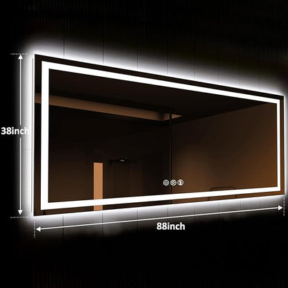 ROOMTEC 88 x 38 Inches LED Bathroom Mirror with Front and Backlit,Anti-Fog,3 Colors and Dimmable Light(Horizontal/Vertical), Silver