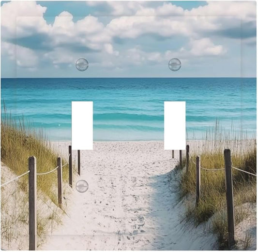 Decorative Light Switch Cover Plate Coastal Beach Ocean Seaside View 2 Gang Outlet Covers Double Toggle Wall Plates for Electrical Outlets Switch Plate Covers Faceplate for Bedroom Home Decor