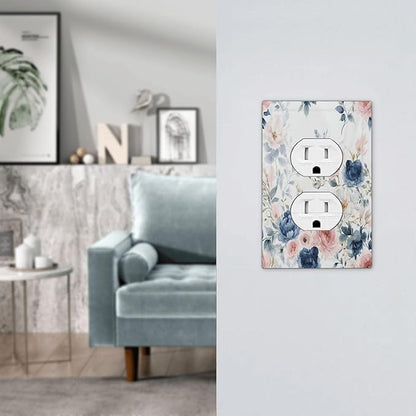 Elegant Watercolor Pink Blue Flowers Floral 1 Gang Duplex Receptacle Switch Wall Plate Decorative Switchplate Outlet Covers Electrical Plug Cover Faceplate for Bathroom Home Decor 5 X 3 IN