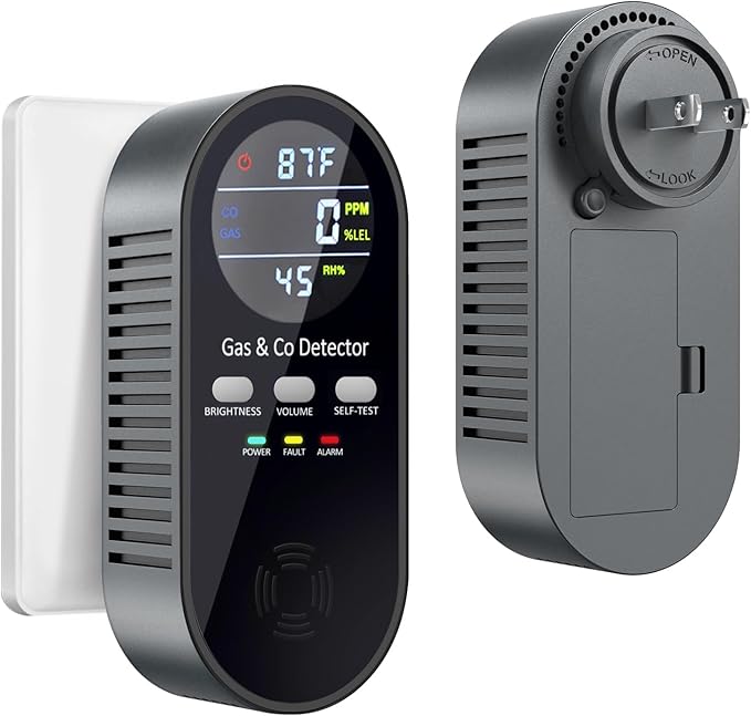 5-in-1 Carbon Monoxide Detectors, Combination Natural Gas Leak Detector and Carbon Monoxide detectors Plug in with 9V Battery Backup, Travel Carbon Monoxide Detector with Voice Brightness Control