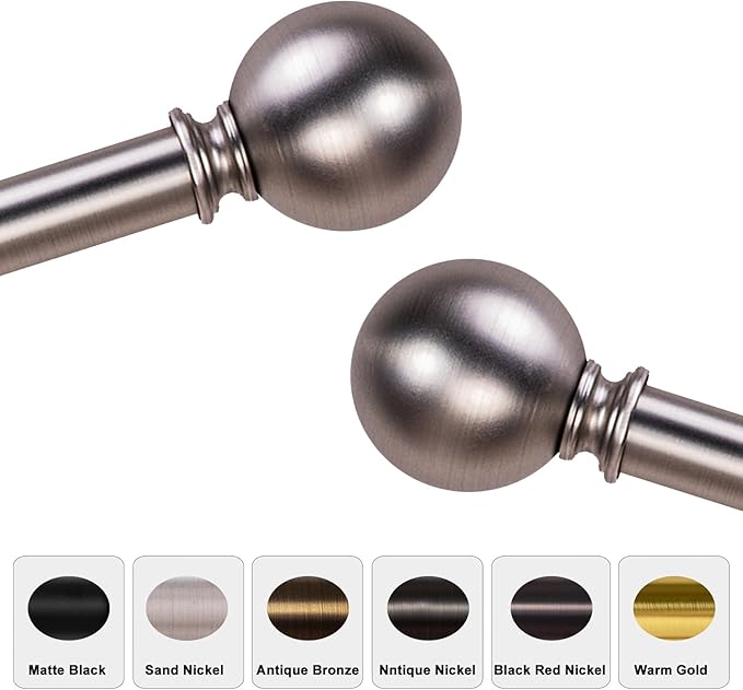 Nickel Curtain Rods for Windows 18 to 45 inches, 1 Inch Modern Metal Drapery Rods, Adjustable Heavy Duty Curtain Pole with Round Finials(18"-45"Antique Nickel)