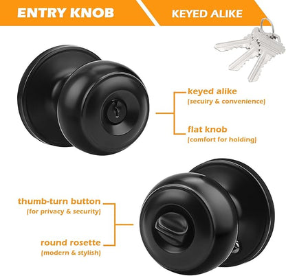 Gobrico Flat Ball Entry Door Locks Keyed-Alike Door Locksets with Same Keys in Black-Pack of 6