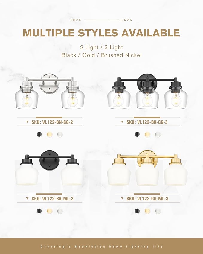 Emak Gold Bathroom Light Fixtures Over Mirror, 2-Light Bathroom Vanity Light with Clear Glass Shade, Modern Vanity Lights Wall Sconces for Bath, Makeup Desk, Mirror, VL122-GD-CG-2