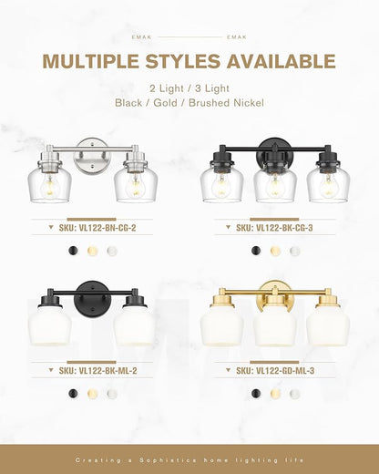 Emak 3-Light Bathroom Vanity Lights Over Mirror, Modern Bathroom Light Fixtures with Clear Glass Shade, Black Vanity Light for Bath, Makeup Desk, Mirror, VL122-BK-CG-3
